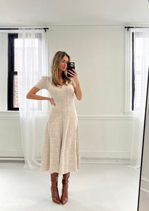 Altar'd State Dresses & Skirts - Altar’d State Sz L Knit Maxi Dress Oatmeal Beige Cable Knit Pleated Cap Sleeve